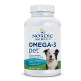 Nordic Naturals Omega-3 Pet bottle showing purity and quality for dogs.