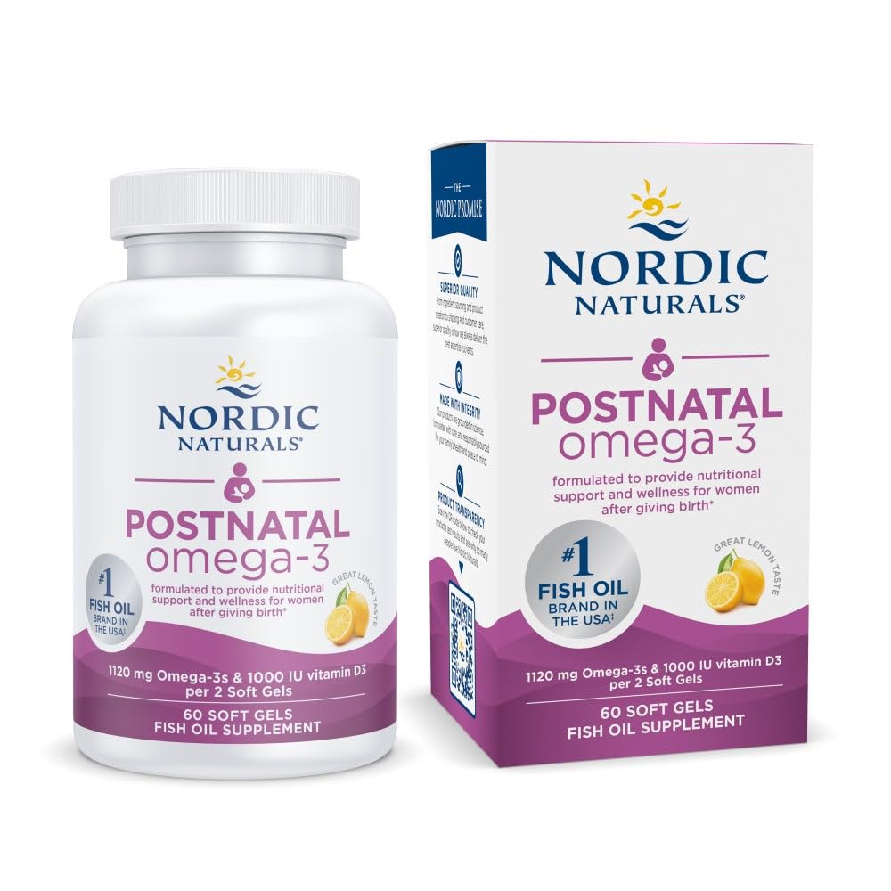 Nordic Naturals Postnatal Omega-3 lemon bottle with 60 soft gels supporting baby's brain development