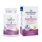 Nordic Naturals Postnatal Omega-3 lemon bottle with 60 soft gels supporting baby's brain development