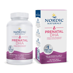 Nordic Naturals Prenatal DHA unflavored bottle highlights easy daily omega-3 plus vitamin D3