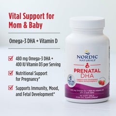 Nordic Naturals Prenatal DHA Vitamin D3 label highlights added nutrients for bones and immune support.