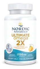 Nordic Naturals Ultimate Omega 2X bottle on table in a calm setting.