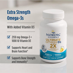 Nordic Naturals Ultimate Omega 2X capsules closeup highlights soft gel capsules for easy swallowing.