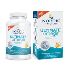 Nordic Naturals Ultimate Omega lemon bottle with soft gels for daily heart and brain support.