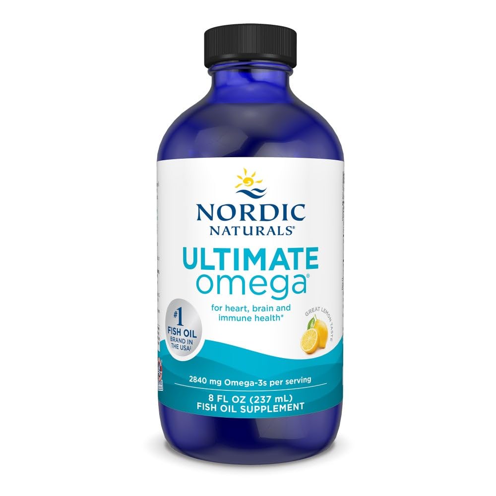 Nordic Naturals Ultimate Omega Liquid lemon bottle front for daily omega-3 intake.