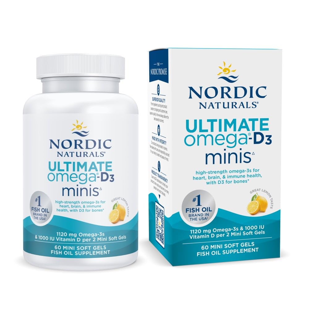 Nordic Naturals Ultimate Omega Mini D3 lemon bottle for daily omega-3 and vitamin D3.