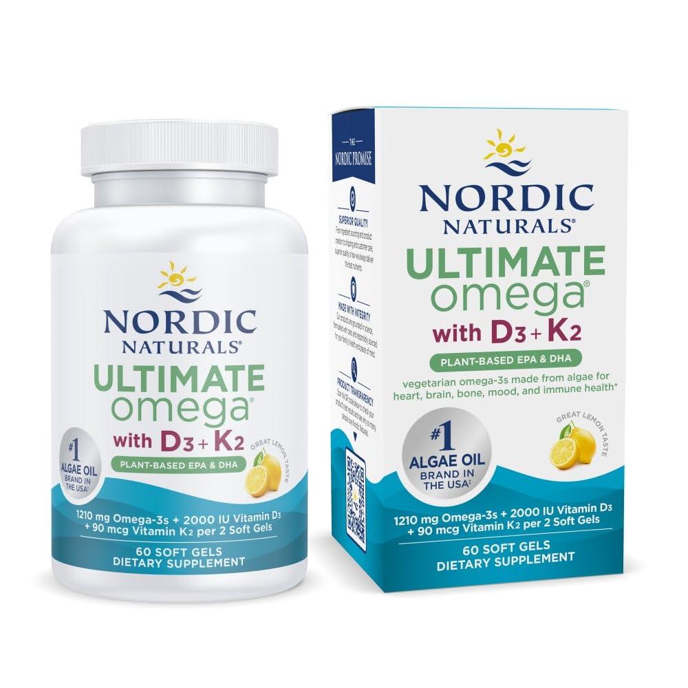 Nordic Naturals Ultimate Omega Plant-Based bottle front highlights algae-derived omega-3 for brain and heart support
