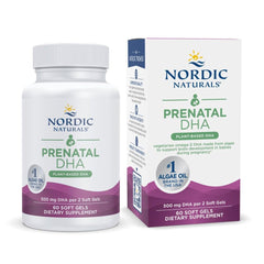 Nordic Naturals Vegan Prenatal DHA bottle showing algae-based omega-3 for pregnancy support.
