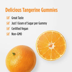 Gummy close-up emphasizes tangy taste and 1 g sugar per gummy for daily use.