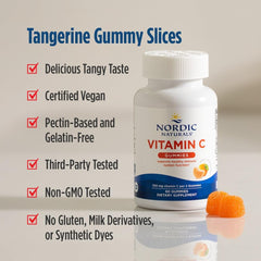 Front label of Nordic Naturals Vitamin C Gummies highlights vegan formulation.