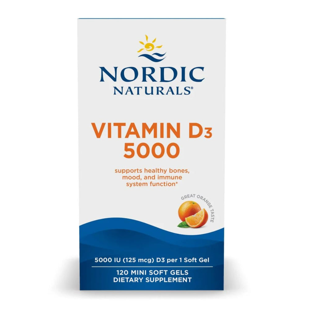 Nordic Naturals Vitamin D3 5000 orange bottle with easy-to-swallow mini soft gels for daily support