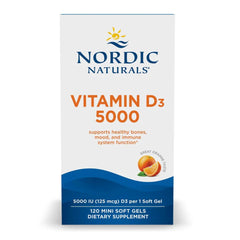 Nordic Naturals Vitamin D3 5000 orange bottle with easy-to-swallow mini soft gels for daily support