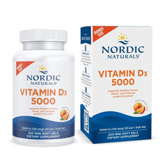 Nordic Naturals Vitamin D3 5000 orange mini soft gels bottle for daily bone support.