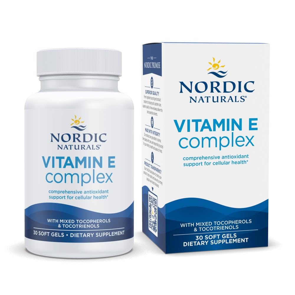 Nordic Naturals Vitamin E Complex softgels bottle for antioxidant support.