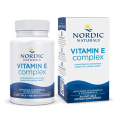 Nordic Naturals Vitamin E Complex softgels bottle for antioxidant support.