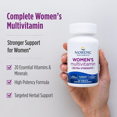 Nordic Naturals Women's Multivitamin Extra Strength tablets closeup highlights dosage