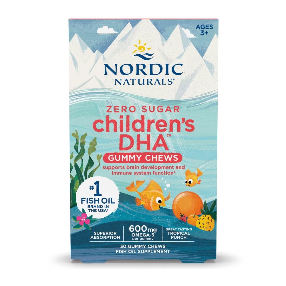 Nordic Naturals Zero Sugar DHA Gummies tropical punch bottle for kid-friendly omega-3