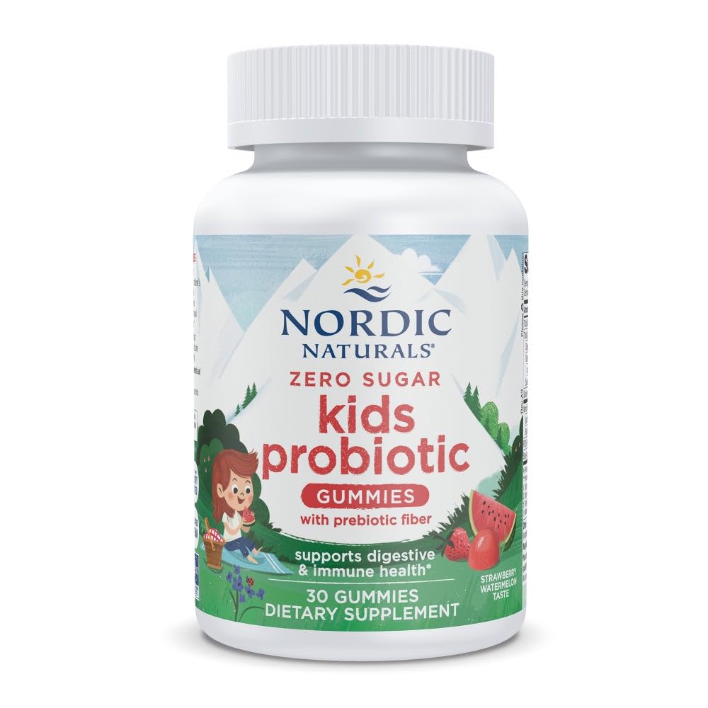 Nordic Naturals Zero Sugar Kids Probiotic Gummies bottle on table supports digestive wellness.