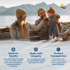 Nordic Naturals vegan badge emphasizes sugar-free option for healthier teeth.