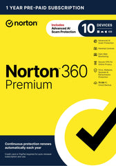 Norton 360 Premium dashboard showing cross-device protection for 10 devices