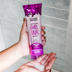 Not Your Mother's Curl Talk Bond Building Shampoo label close-up highlights silicone-free formula.