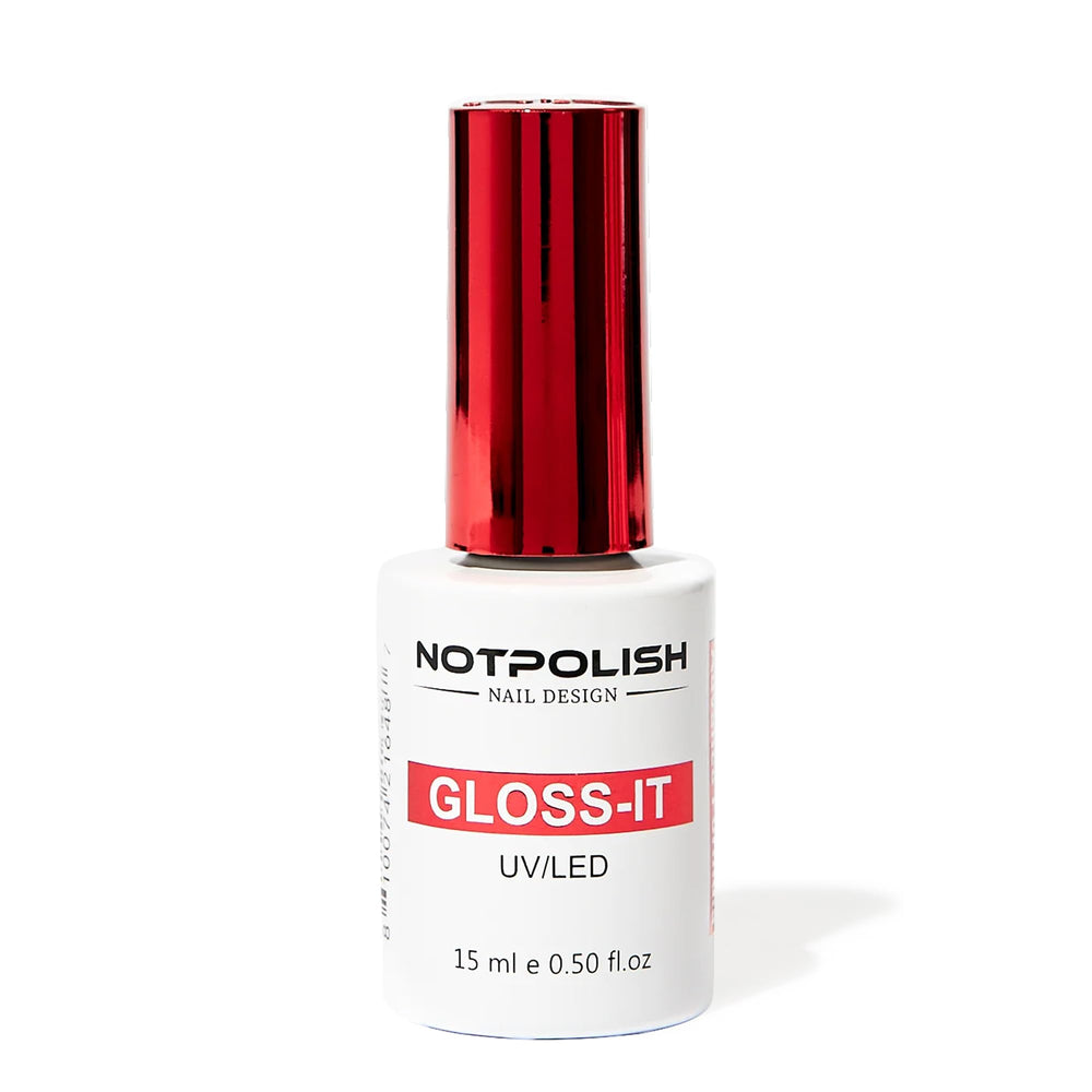 Notpolish Gloss-It top coat bottle and cap showing a high-gloss finish for long-lasting shine