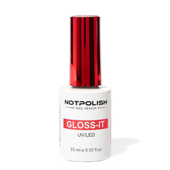Notpolish Gloss-It top coat bottle and cap showing a high-gloss finish for long-lasting shine