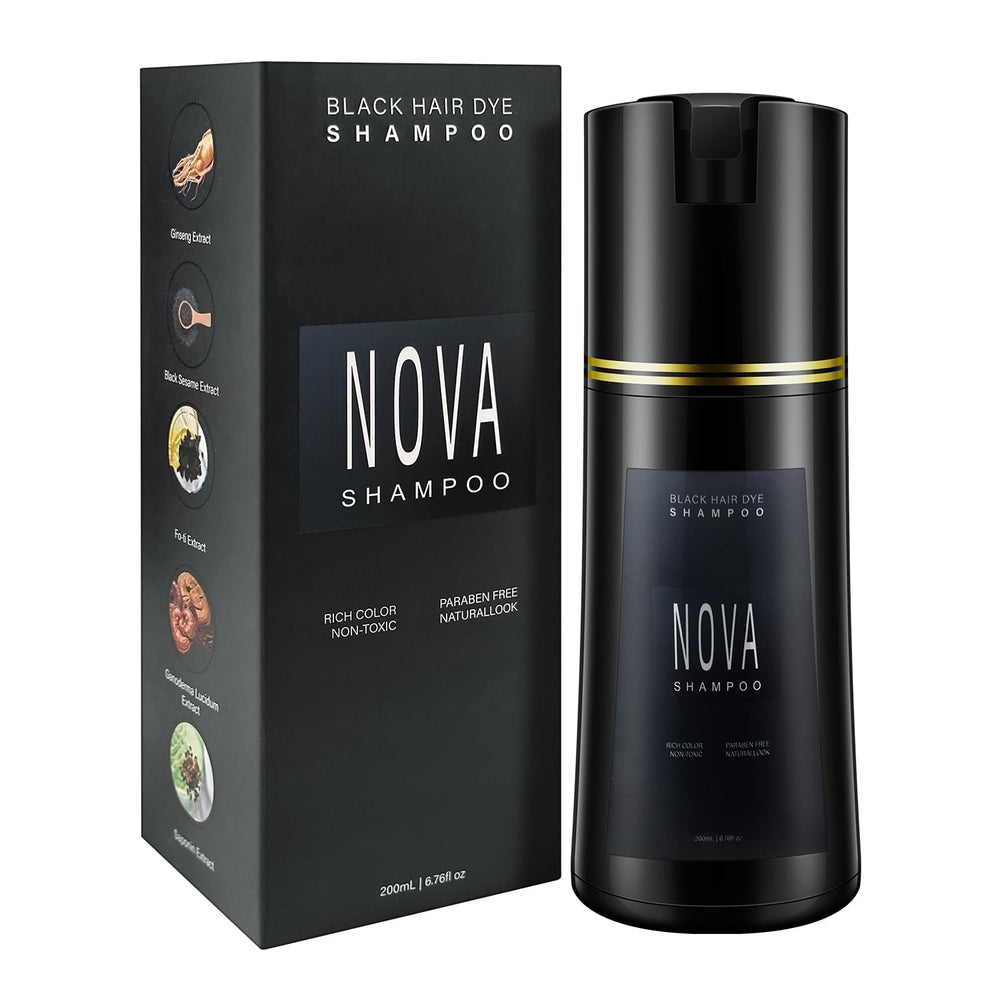 Nova Shampoo gray-coverage bottle showing at-home color convenience and surface blending.