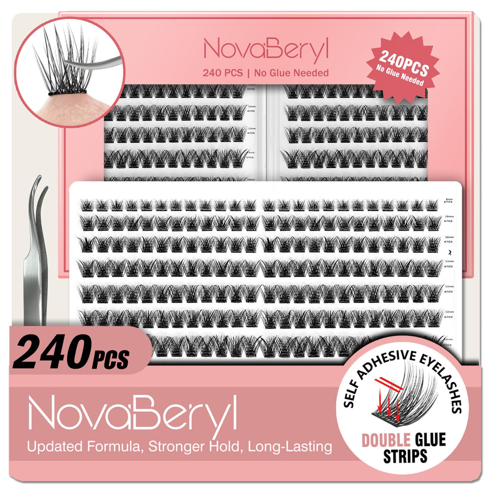 NovaBeryl self-adhesive lash clusters close-up from a 240-piece set.
