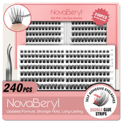 NovaBeryl self-adhesive lash clusters close-up from a 240-piece set.