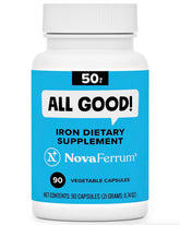 NovaFerrum All Good bottle front view, sugar-free iron support for adults.