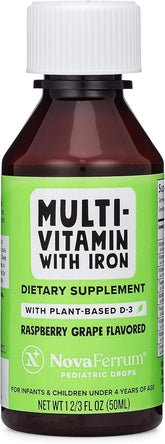 NovaFerrum Delish bottle front showing vegan iron and Organic D-3 for growing kids