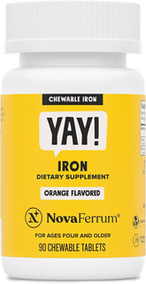 NovaFerrum Yay orange-flavor bottle front shows 18 mg iron per tablet.