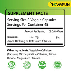 Novafun Potassium Citrate capsules closeup showing easy-to-swallow form for daily use