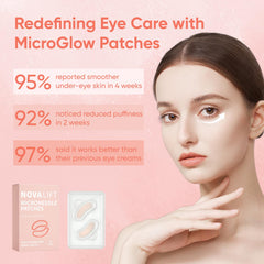 NOVALIFT MicroGlow Eye Patches hyaluronic acid beads emphasize hydration focus.