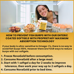 NovaGold softgel closeup emphasizes burpless, easy-to-swallow capsules for comfortable daily use.