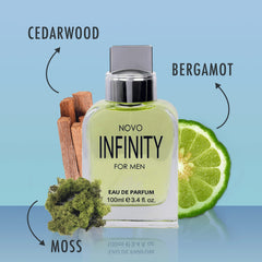 NovoGlow Infinity base notes bring warmth with sandalwood and vetiver for a smooth trail.