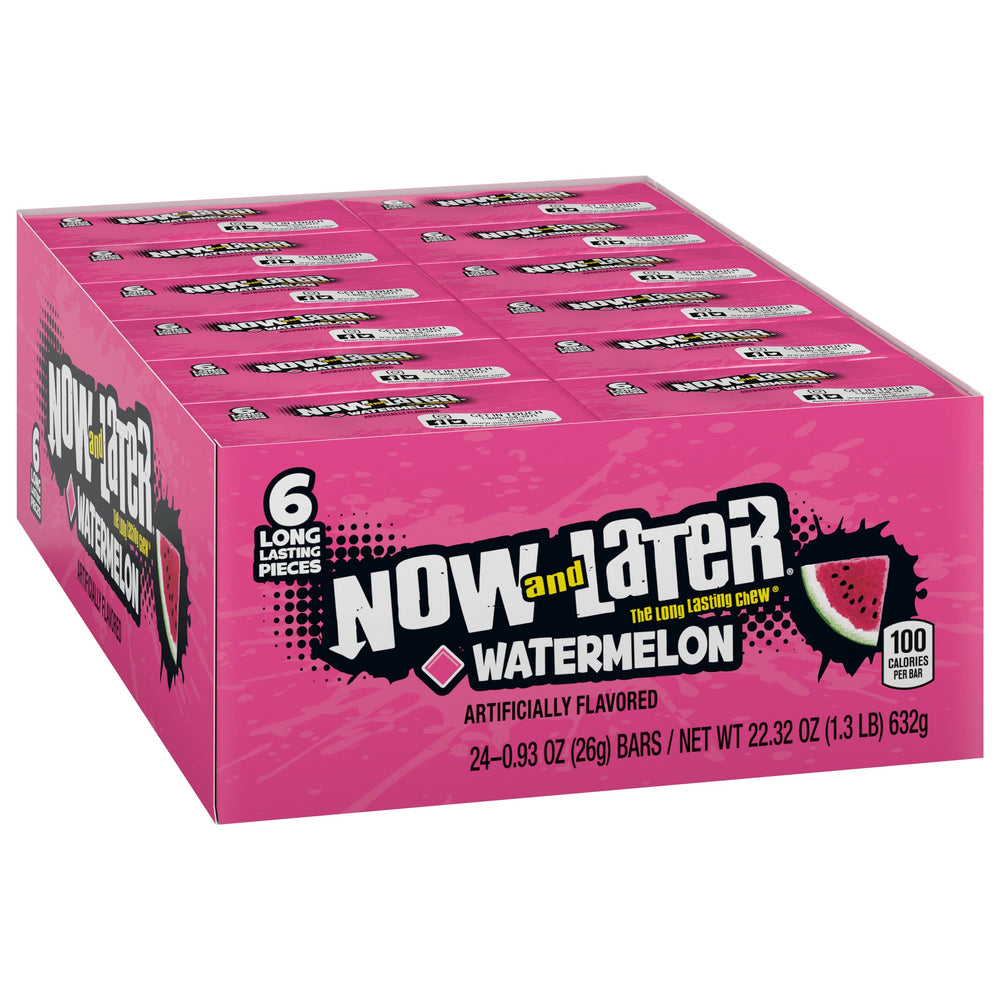 Now and Later Watermelon bars 24-pack shown, ideal for on-the-go snacking