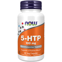 NOW Foods 5-HTP bottle label showing vegan capsules for mood support