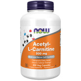 NOW Foods Acetyl-L-Carnitine 500 mg capsules on bottle front, energy support