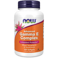 NOW Foods Advanced Gamma E Complex bottle front showing a full-spectrum vitamin E blend for antioxidant support.