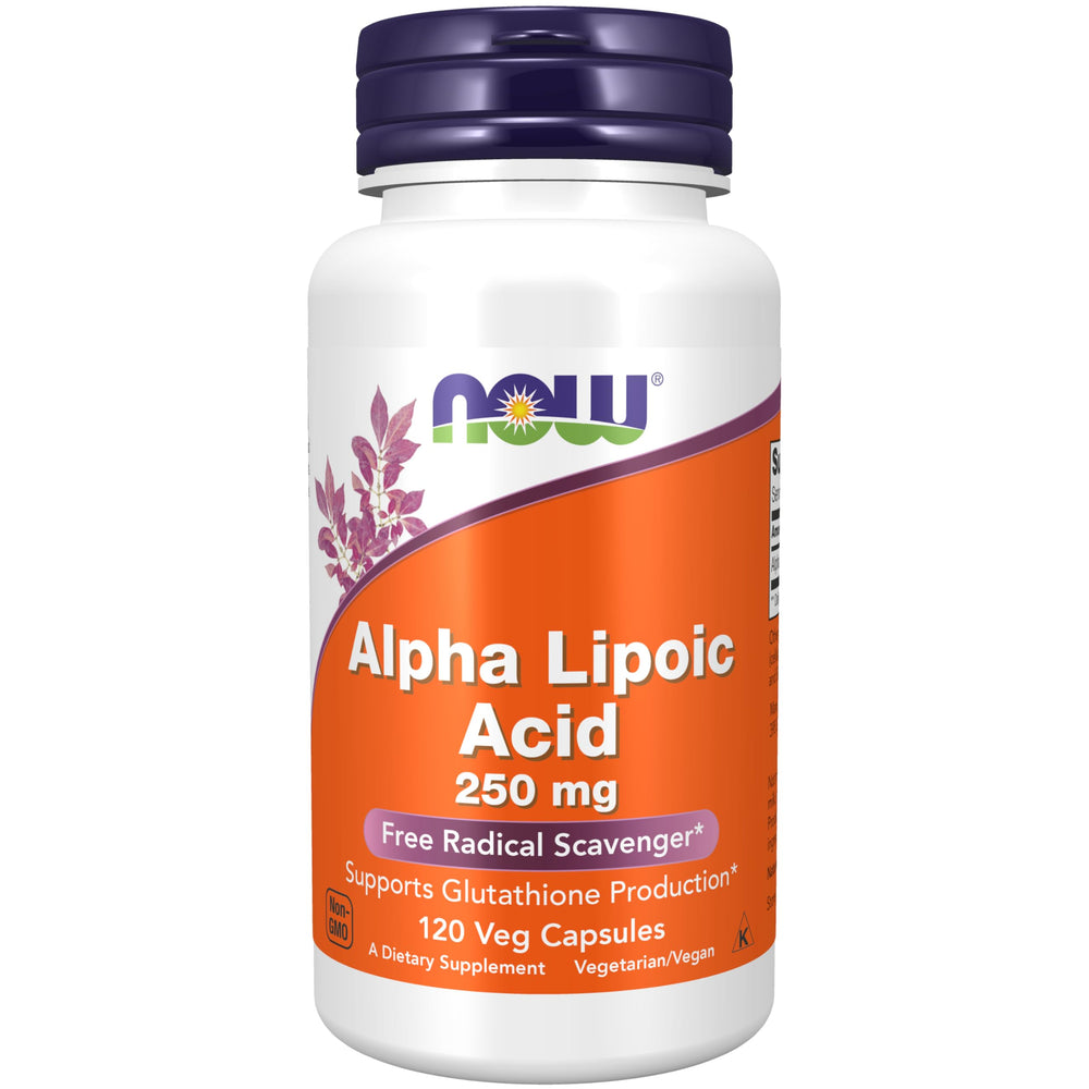 NOW Foods Alpha Lipoic Acid 250 mg bottle front, signaling antioxidant support for daily wellness.