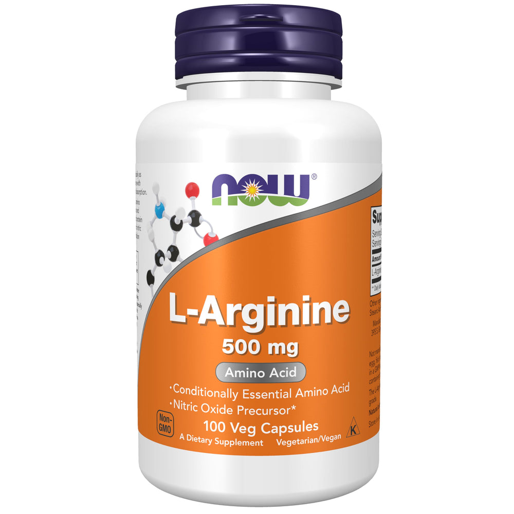 NOW Foods Arginine 500 mg bottle supports nitric oxide precursor use for daily wellness.