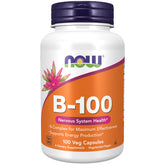 NOW Foods B-100 energy production bottle shows a comprehensive vegan B-complex for daily support.