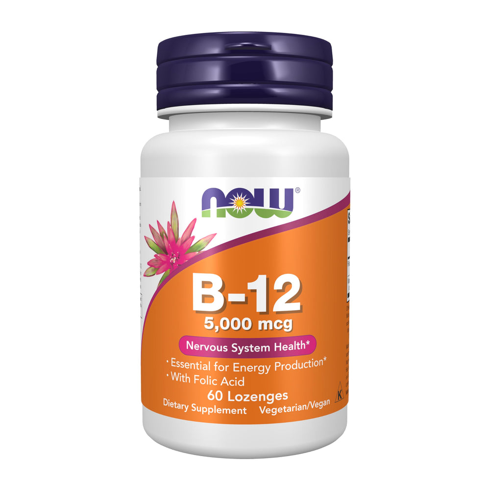 NOW Foods Vitamin B-12 lozenges bottle on table supports energy production and nervous system health.