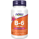 NOW Foods Vitamin B-6 bottle front highlighting 100 mg capsules for metabolism support.