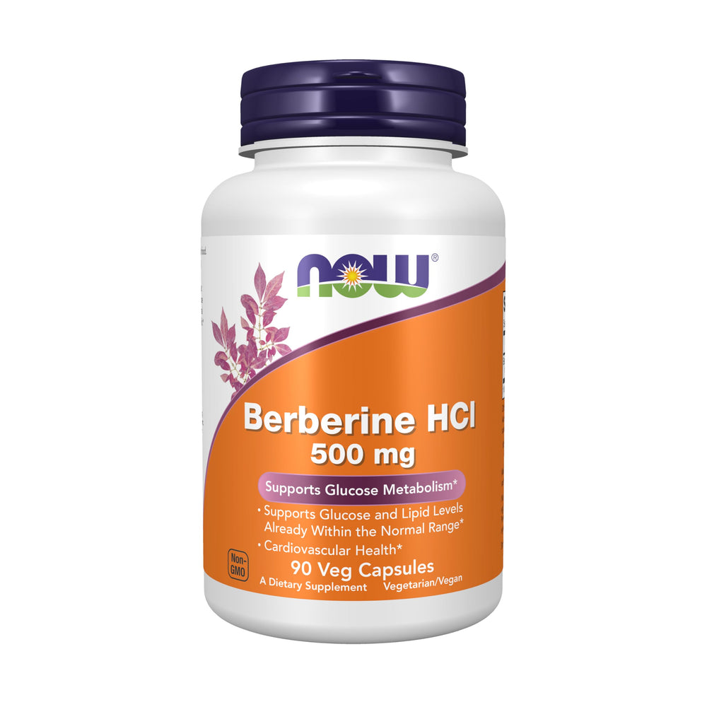 NOW Foods Berberine HCL 500 mg bottle on shelf supports glucose metabolism
