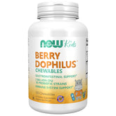 NOW Foods BerryDophilus bottle label shows 2B CFU and 10 strains for gut health.