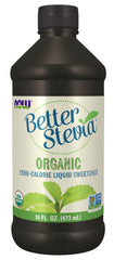 NOW Foods BetterStevia organic liquid sweetener bottle close-up showing organic sweetness for everyday beverages