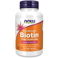NOW Foods Biotin 10 mg bottle front view supporting hair, skin, and nails